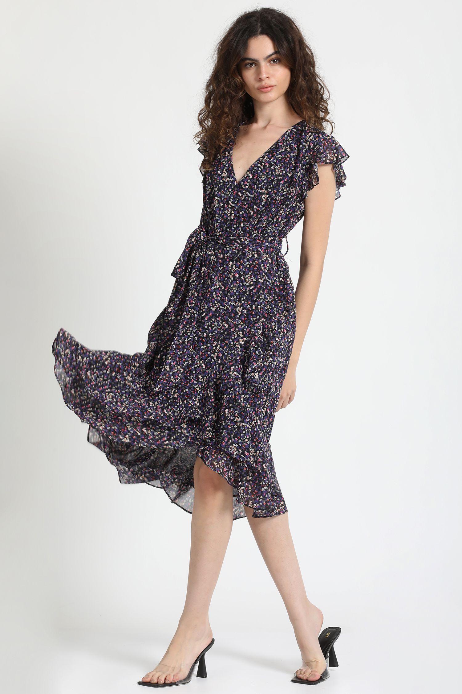 Vestido Midi Vuelos Gasa Estampada Negro Liola-0