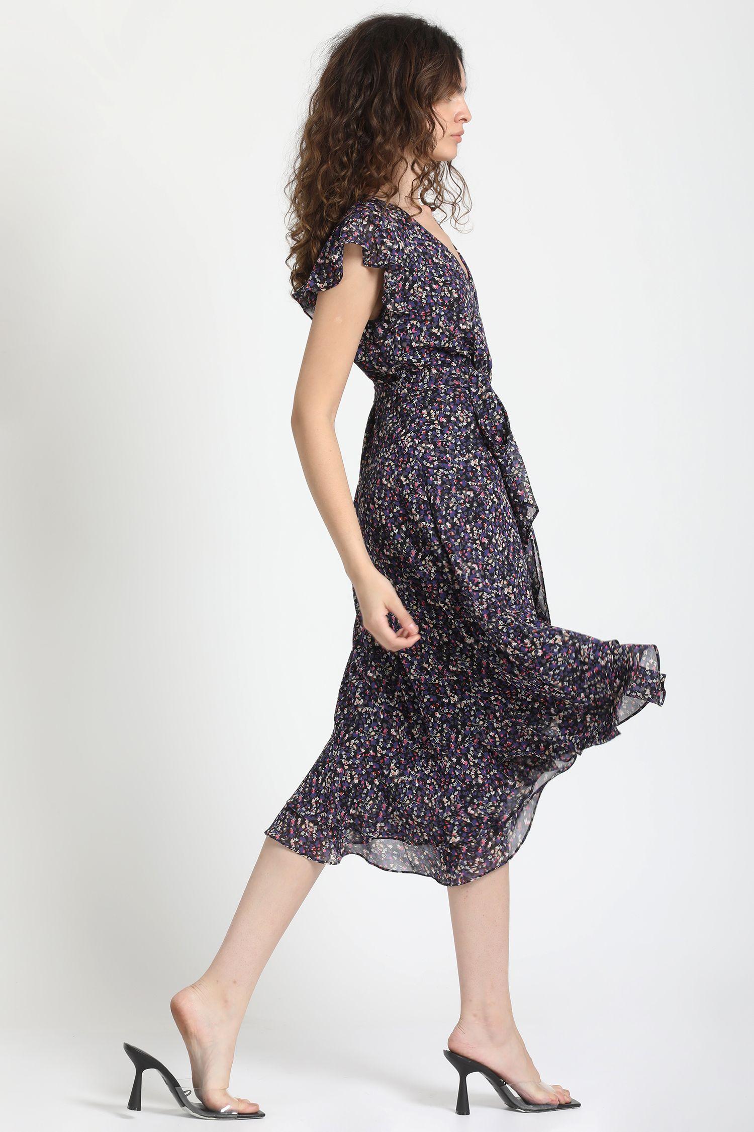 Vestido Midi Vuelos Gasa Estampada Negro Liola-5