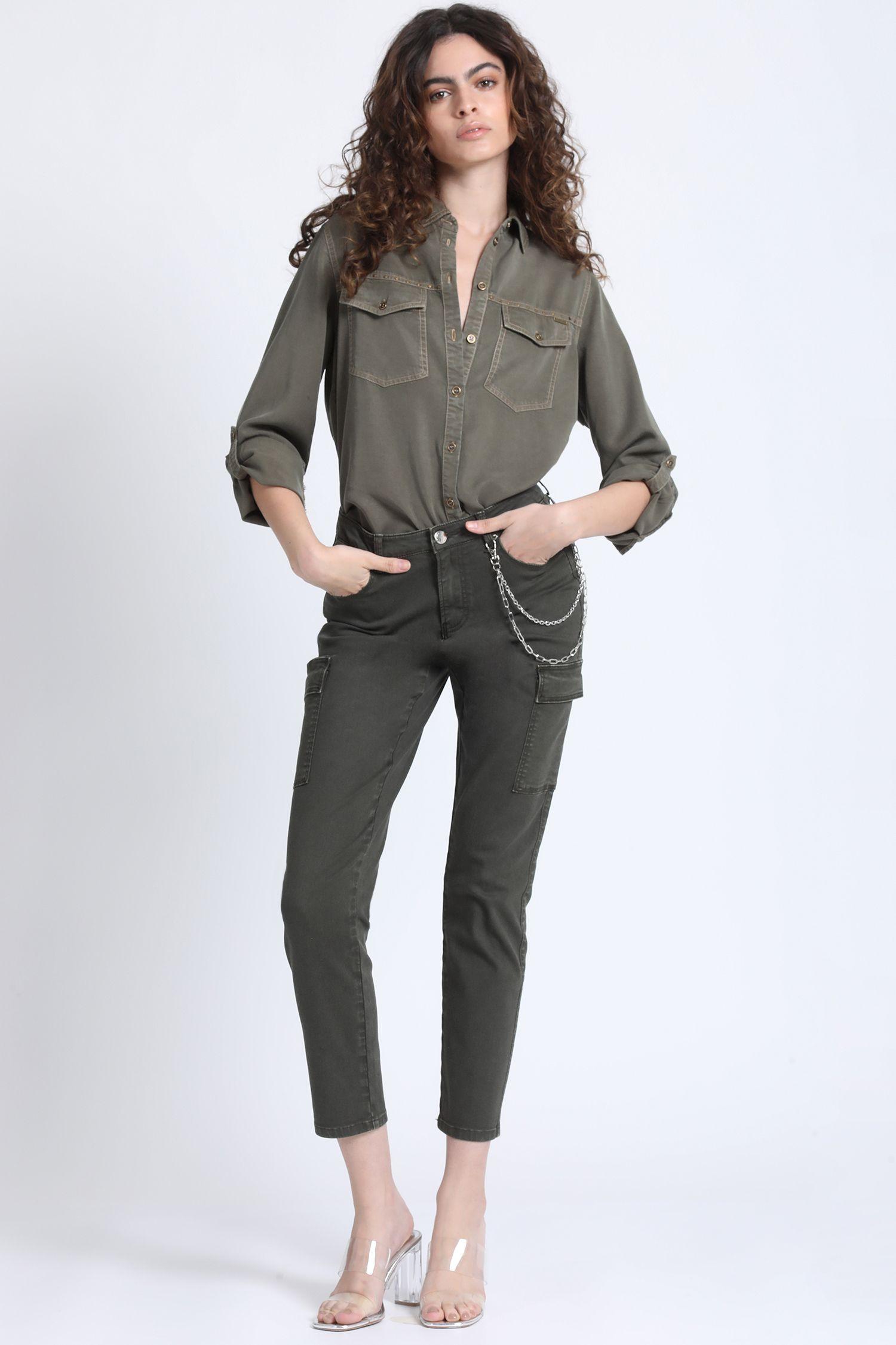 Pantalon Pitillo Cargo, Tiro Medio, Militar Liola-1