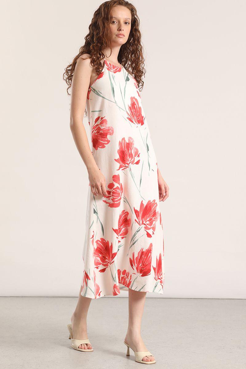 Vestido midi lino estampado Liola mujerrojo-3