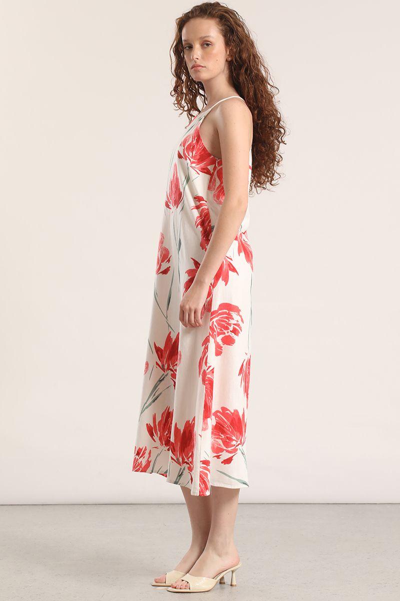 Vestido midi lino estampado Liola mujerrojo-6
