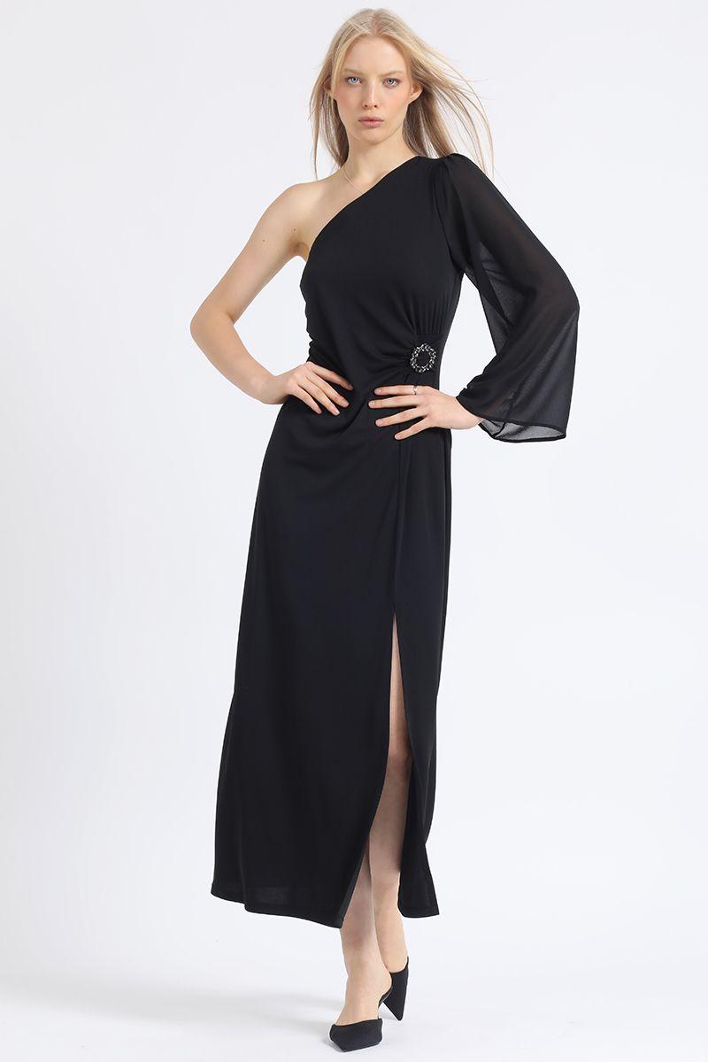Vestido Maxi, Aplicación Strass, Un Hombro, Negro Liola-0