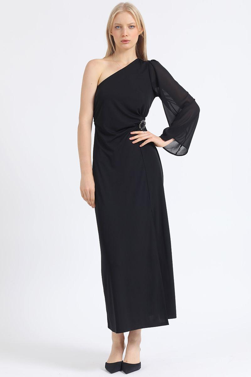 Vestido Maxi, Aplicación Strass, Un Hombro, Negro Liola-1