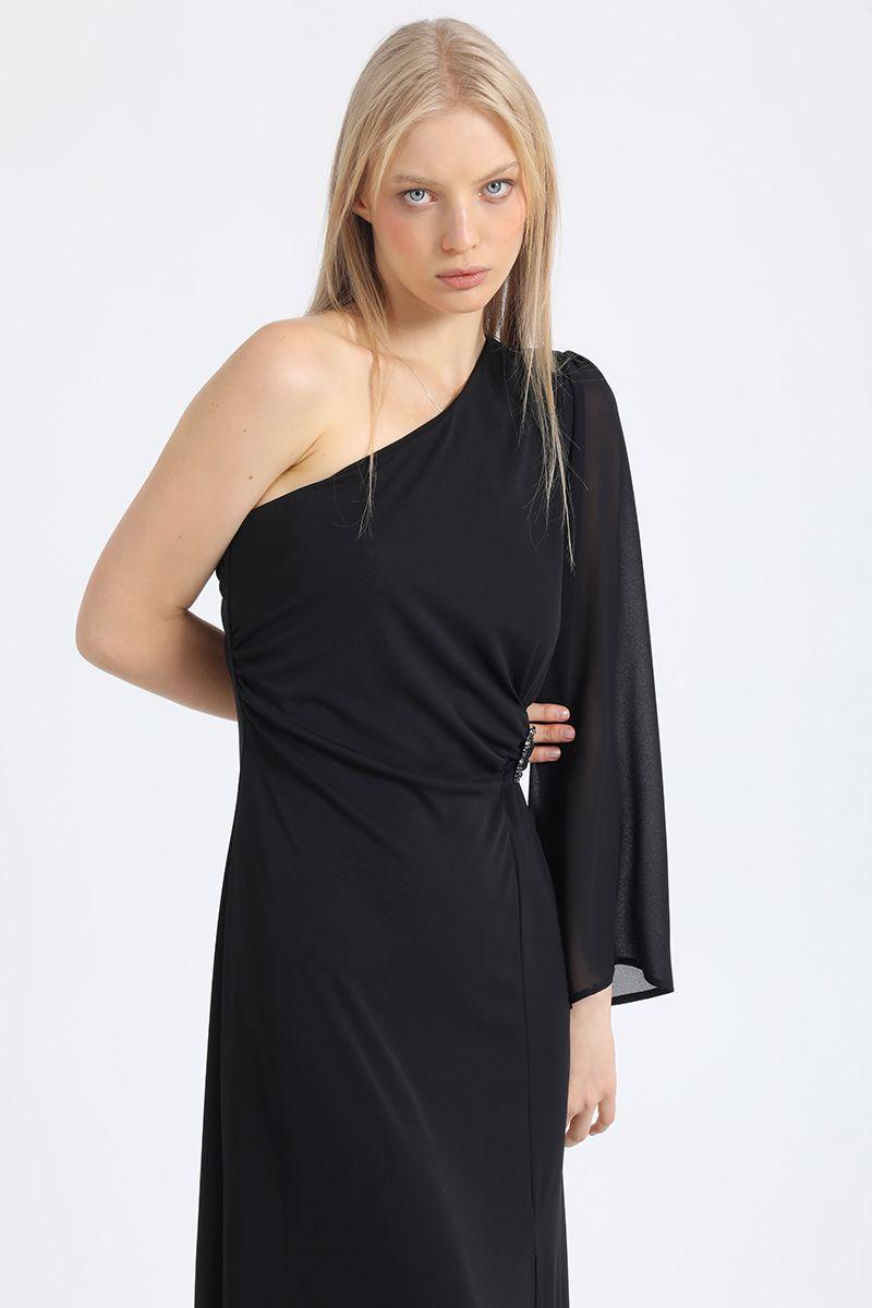 Vestido Maxi, Aplicación Strass, Un Hombro, Negro Liola-2