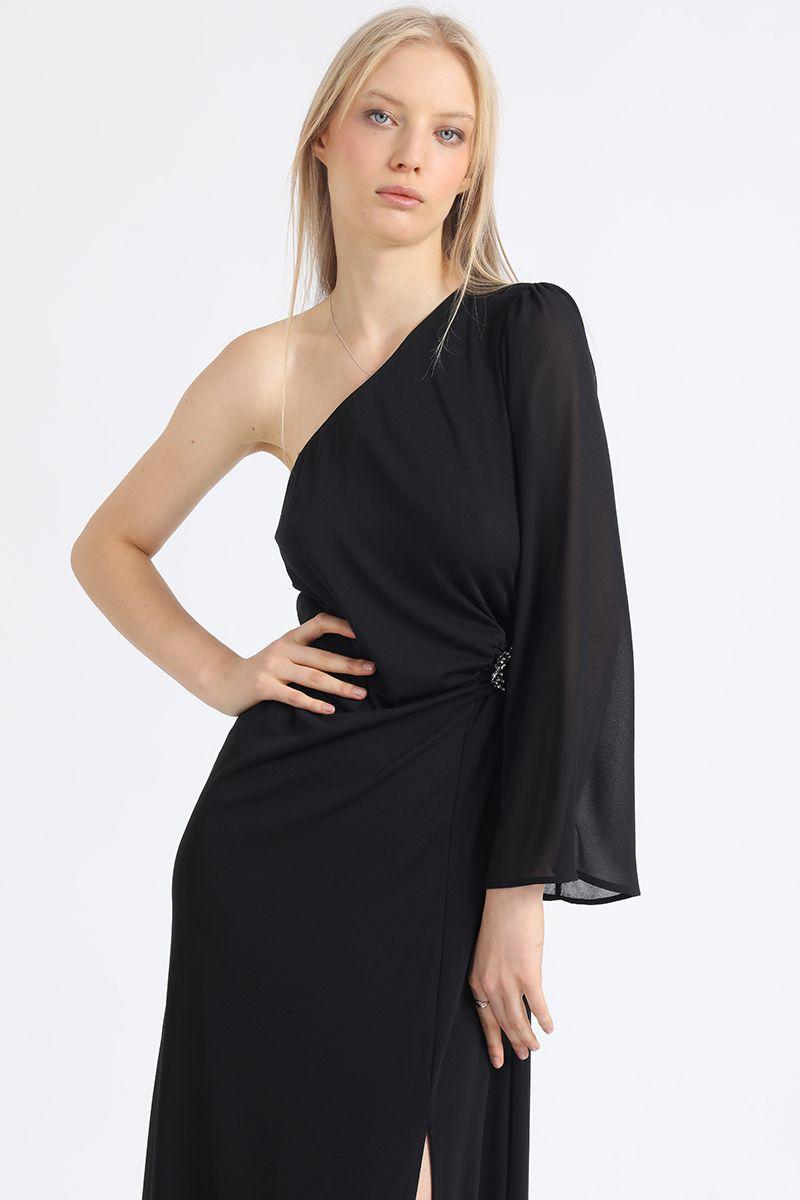 Vestido Maxi, Aplicación Strass, Un Hombro, Negro Liola-3