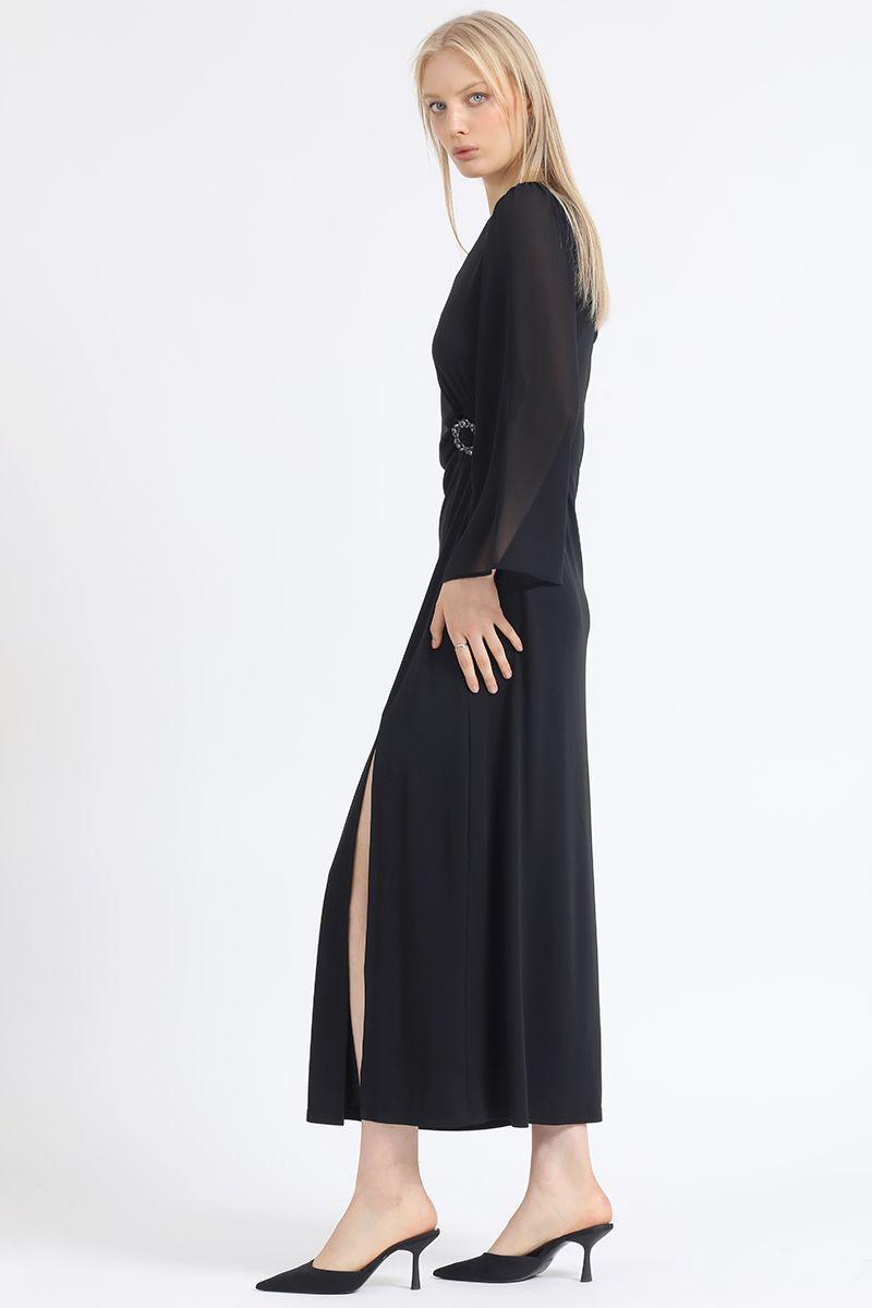 Vestido Maxi, Aplicación Strass, Un Hombro, Negro Liola-4