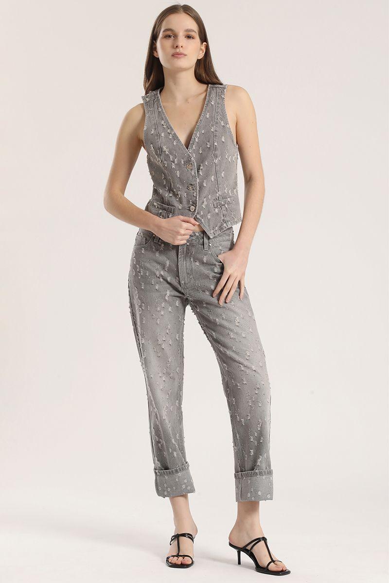 Jeans slim cropped desgastado Liola mujer gris-3