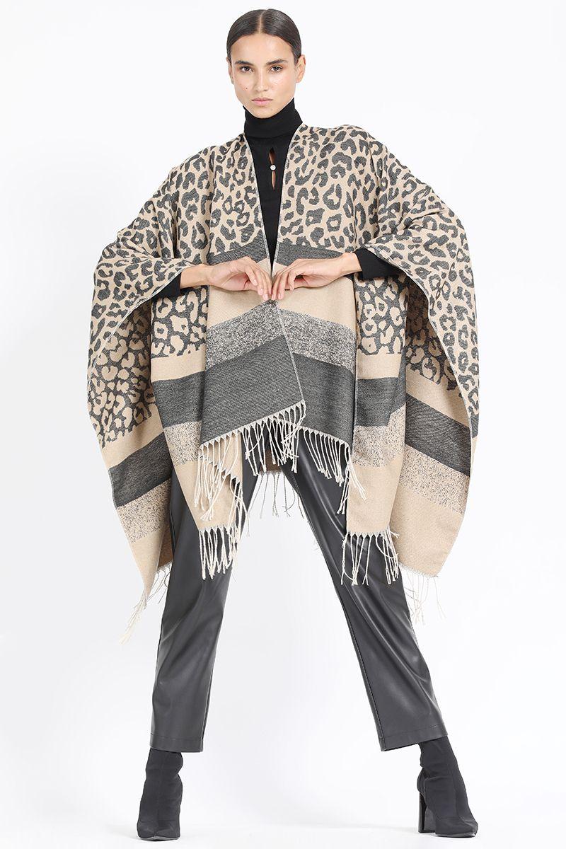 Poncho Tejido Estampado Animal Print, Café Liola-0