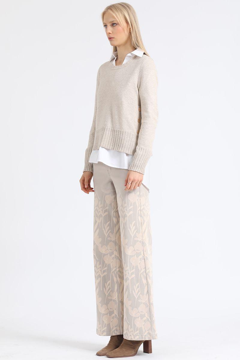 Pantalon Ancho Estampado Degrade, Tiro Medio, Beige Liola-1