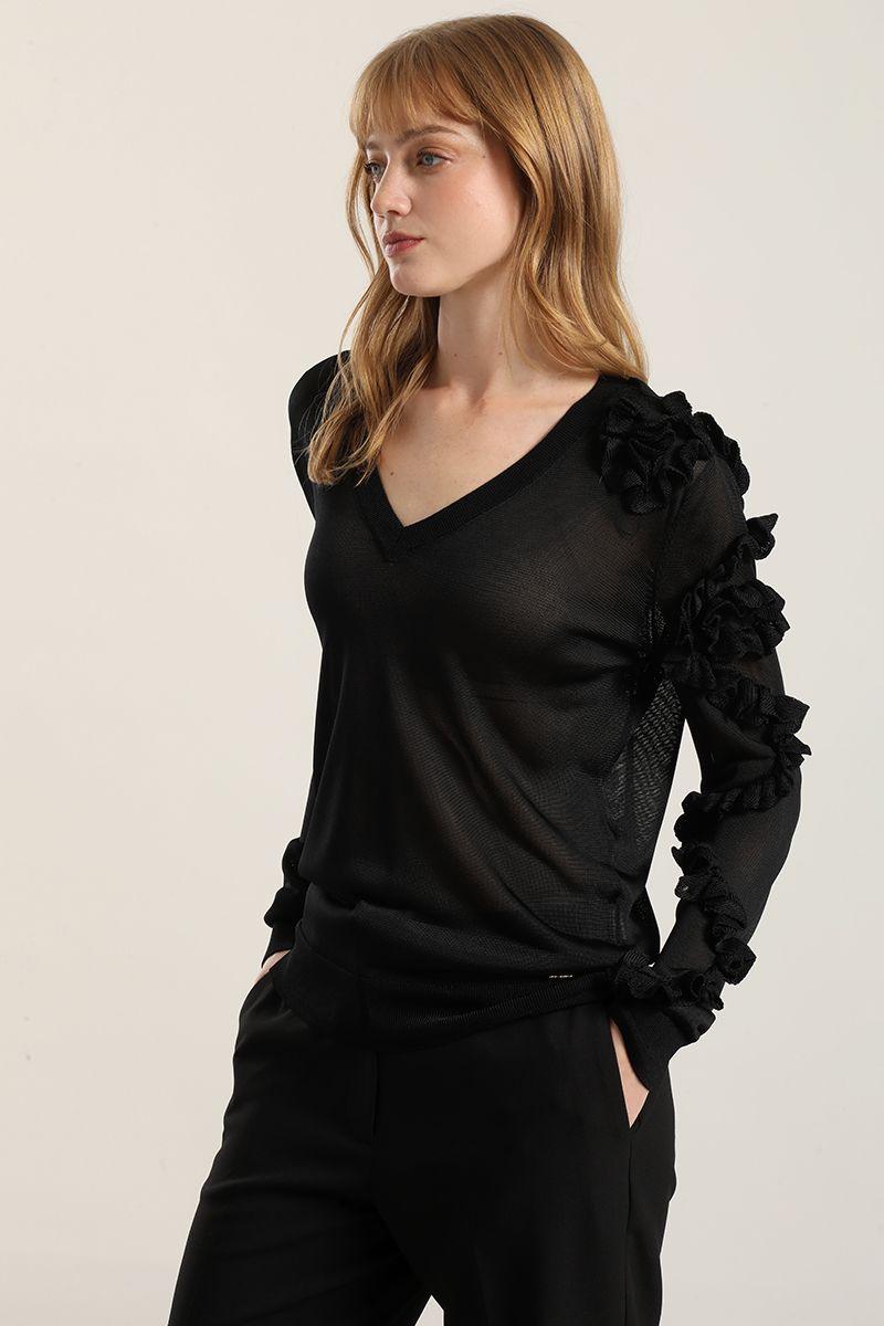 Jersey punto semitrasparente, volados, negro Liola-3