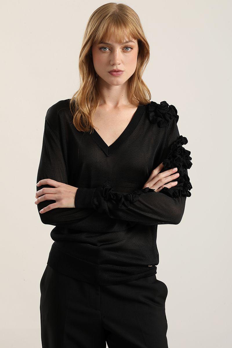 Jersey punto semitrasparente, volados, negro Liola-4