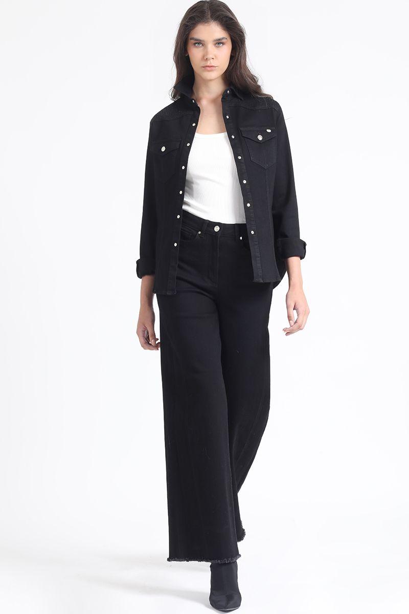 Camisa Denim Color, Bordado Lentejuelas, Negro Liola-1