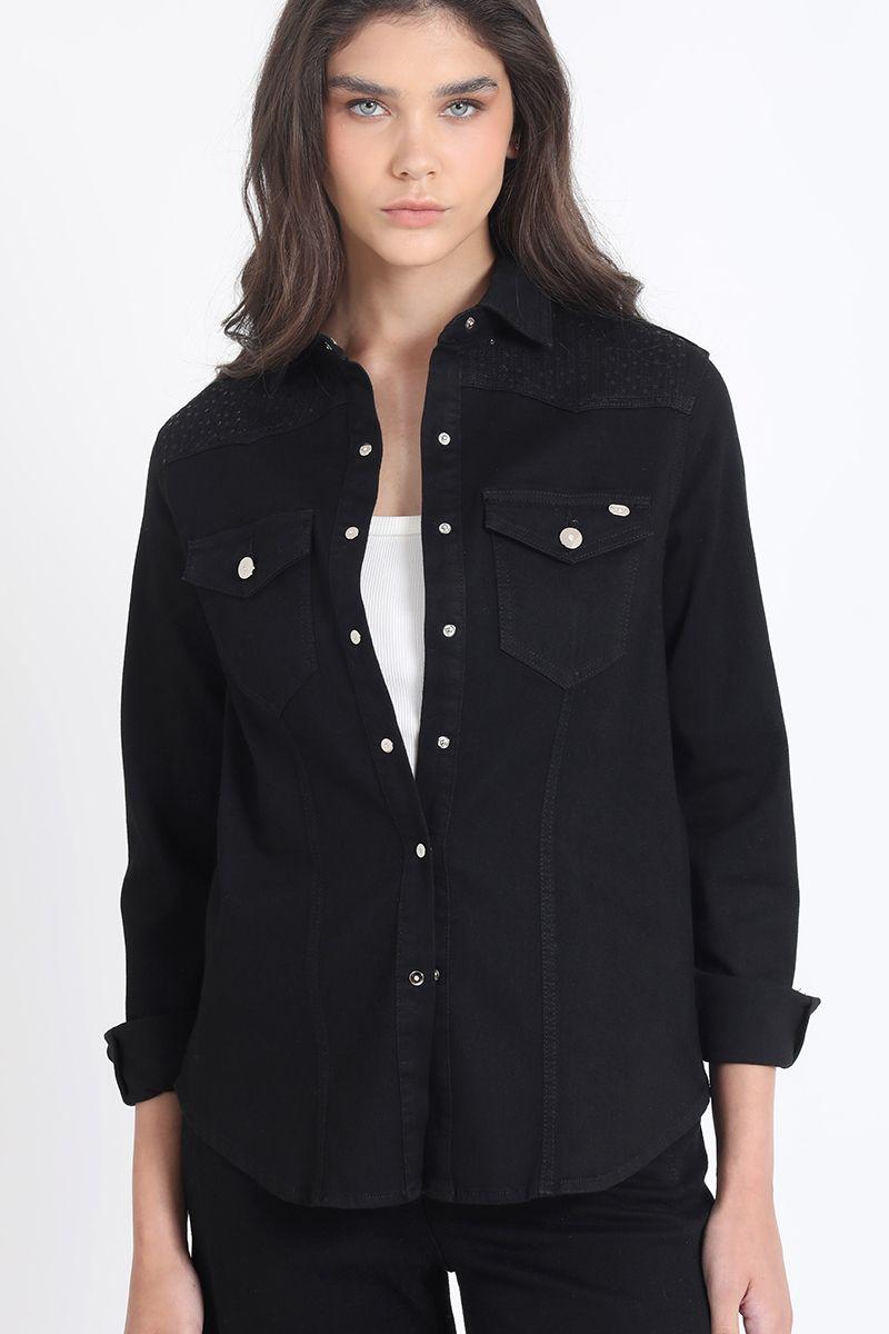 Camisa Denim Color, Bordado Lentejuelas, Negro Liola-2