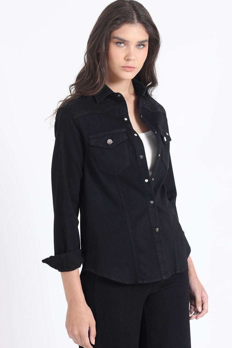 Camisa Denim Color, Bordado Lentejuelas, Negro Liola-3
