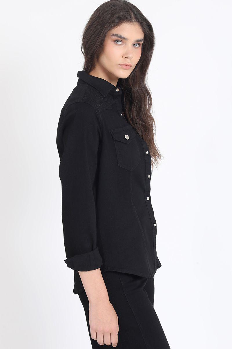 Camisa Denim Color, Bordado Lentejuelas, Negro Liola-4