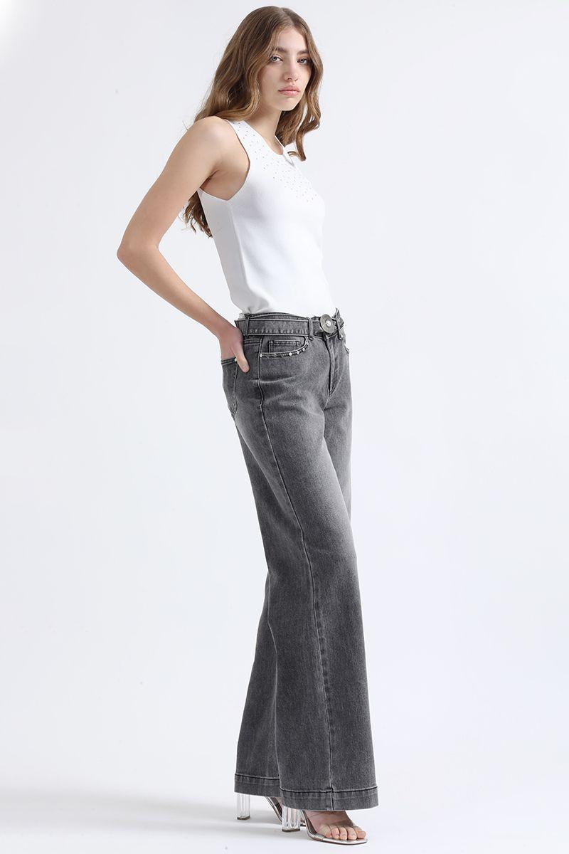 Jeans Straight Fit, Tiro Medio, Con Cinturon, Gris Liola-3