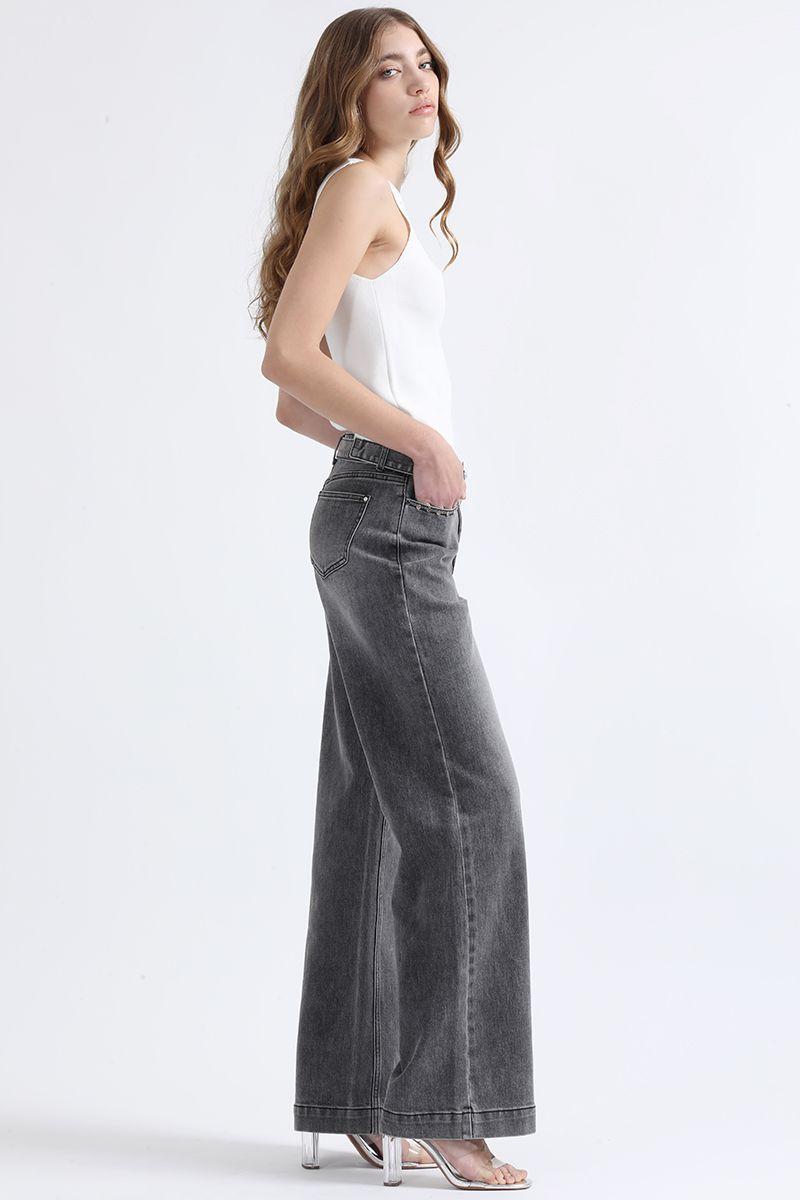 Jeans Straight Fit, Tiro Medio, Con Cinturon, Gris Liola-4