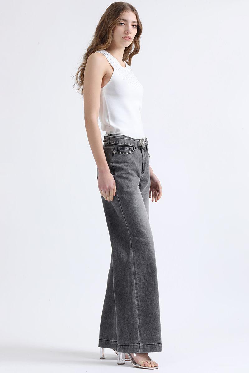 Jeans Straight Fit, Tiro Medio, Con Cinturon, Gris Liola-6