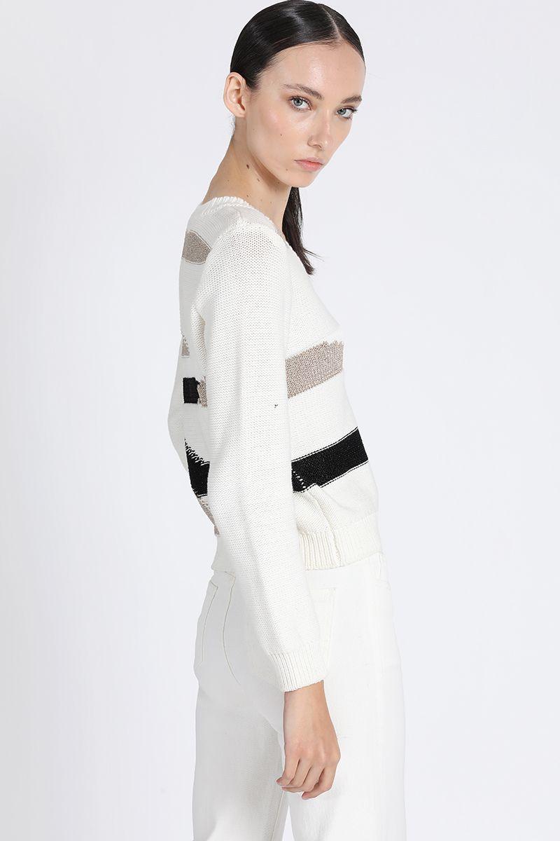 Tejido Punto Contrastes Hilo Metalizado, Crudo Liola-4