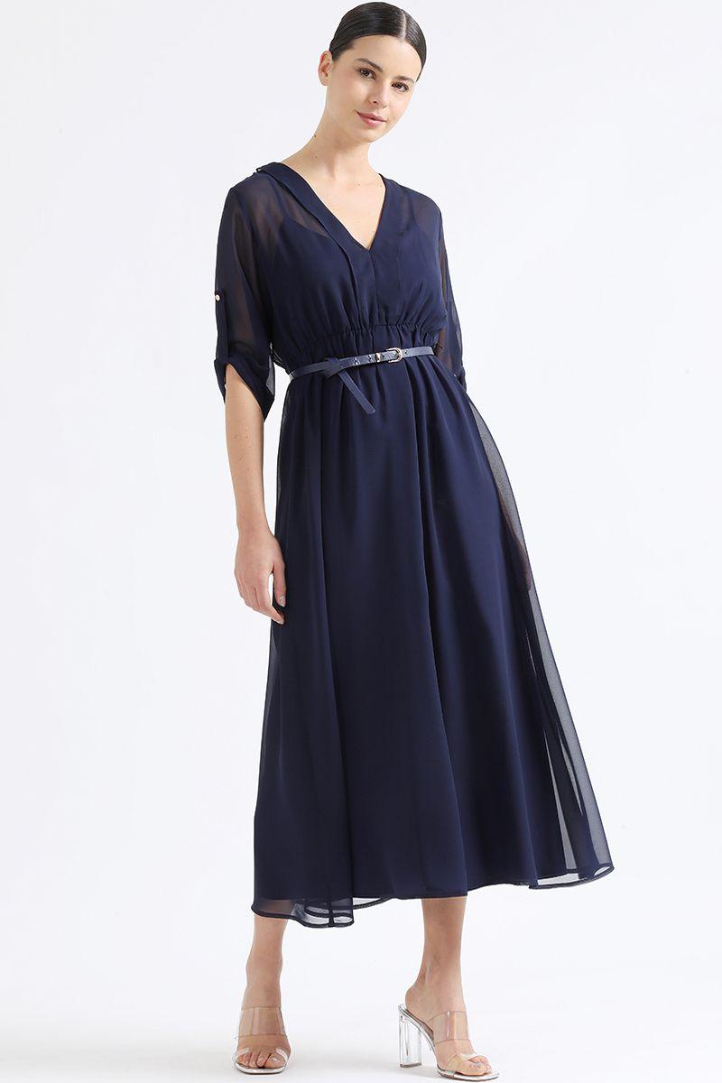 Vestido Largo Gasa Semi Trasparente, Azul Marino Liola-4