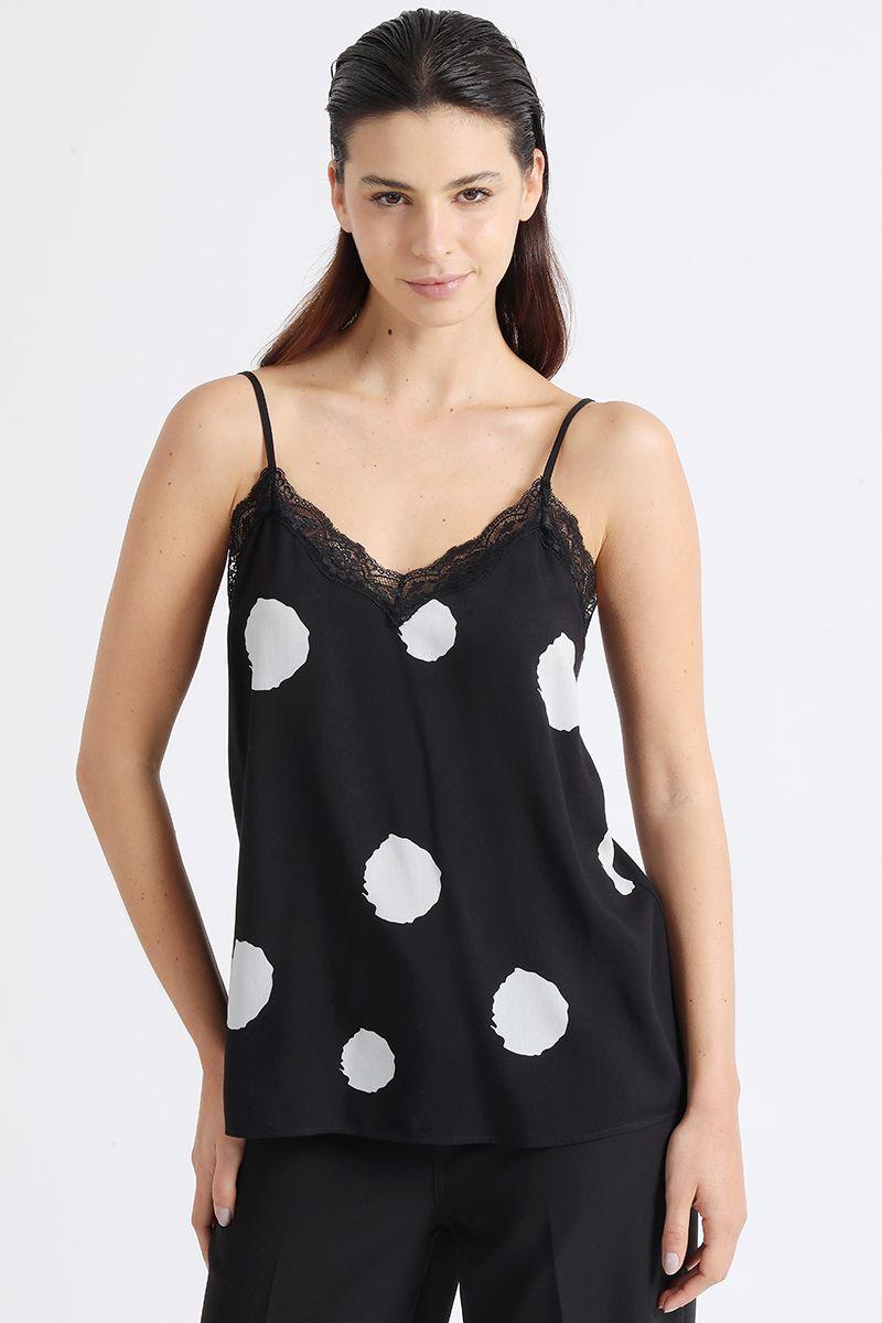 Top Lencero Estampado Manchas Puntos, Negro Liola-0