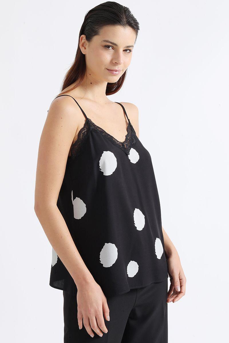 Top Lencero Estampado Manchas Puntos, Negro Liola-2