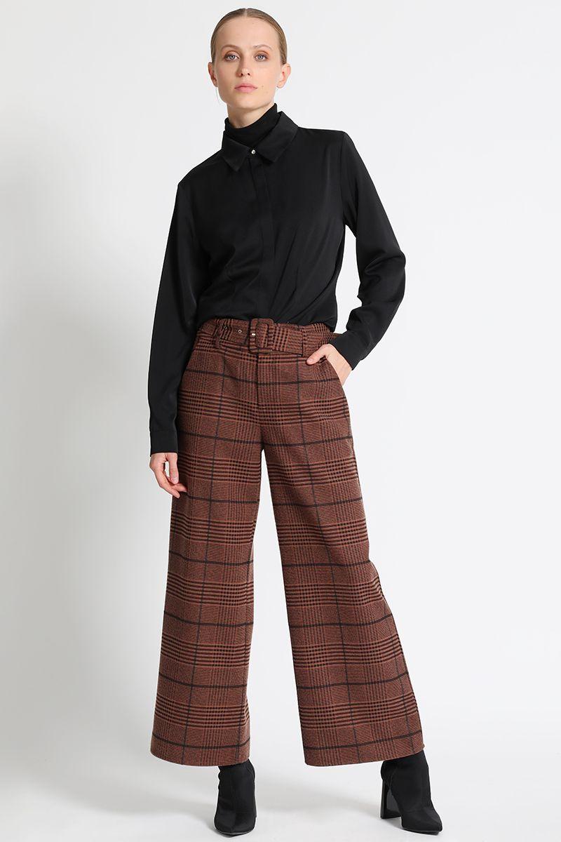 Pantalón Cropped Príncipe De Gales Café Liola-0