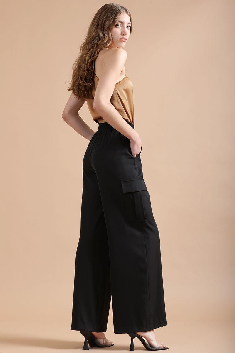 Pantalon Ancho Cargo Tiro Alto, Negro Liola-3