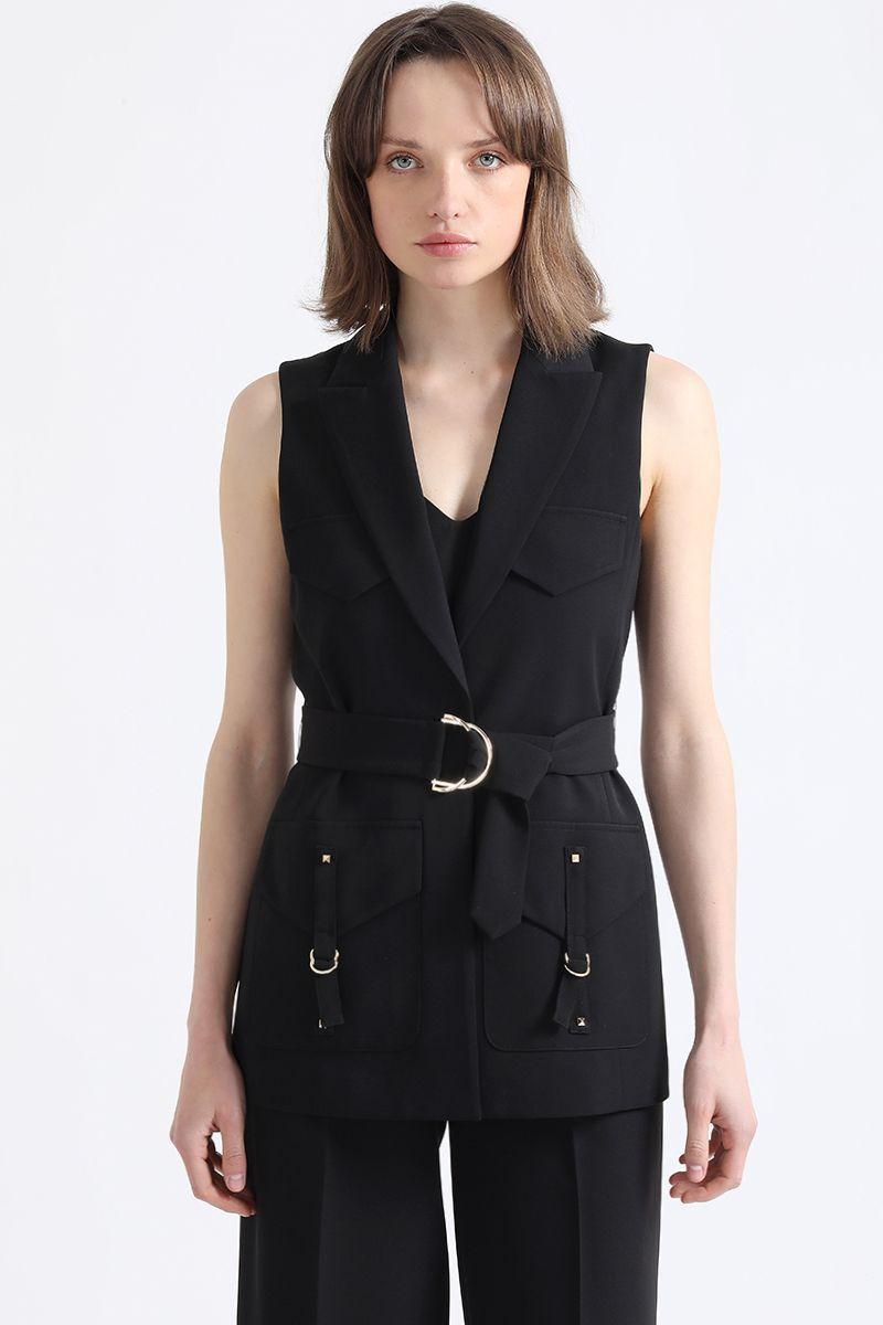 Chaqueta Larga Cargo Con Cinturon, Negro Liola-0