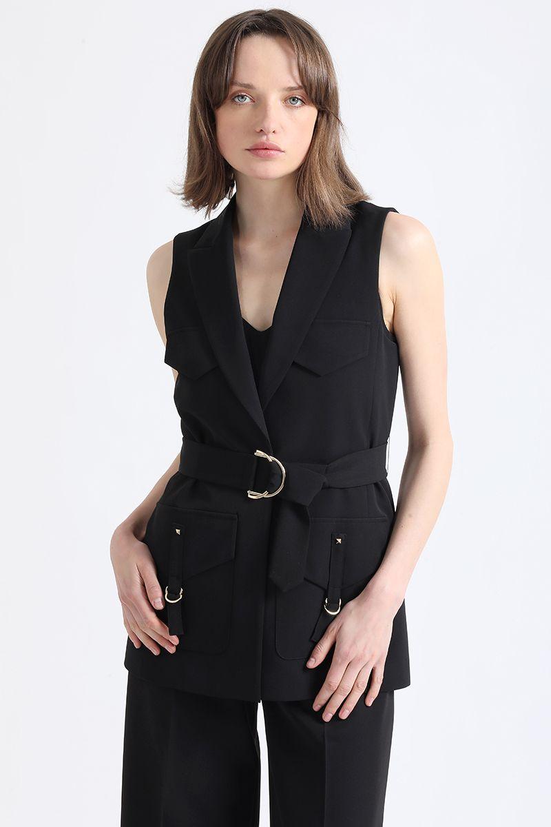 Chaqueta Larga Cargo Con Cinturon, Negro Liola-2