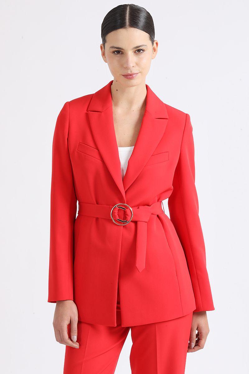 Blazer Largo Entallado Con Cinturon, Rojo Liola-0