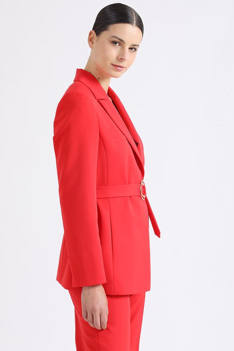 Blazer Largo Entallado Con Cinturon, Rojo Liola-4