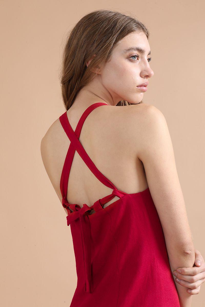 Vestido Midi Con Lino, Guinda Liola-3