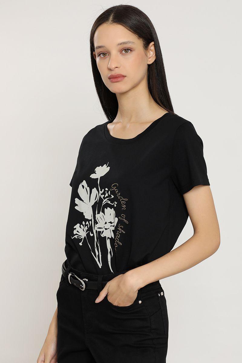 Polera estampado flores, bordado, negro Liola-2