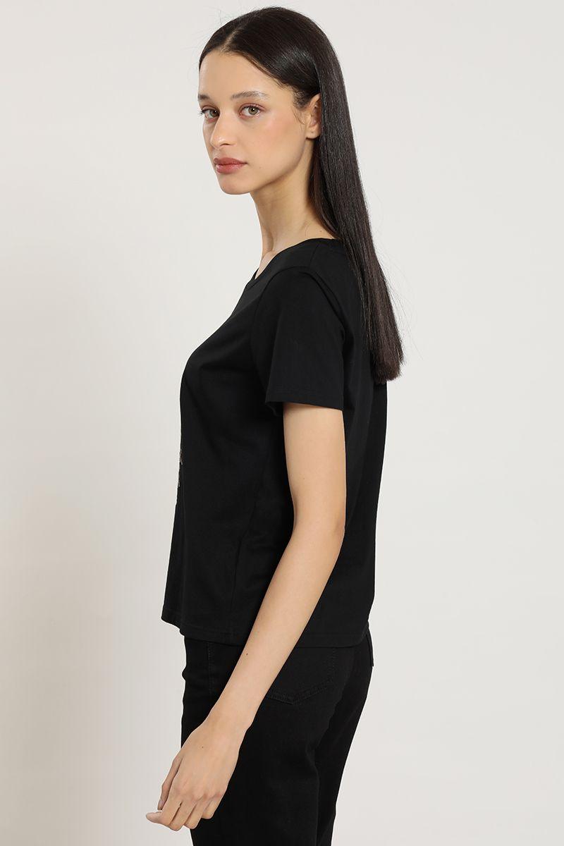 Polera estampado flores, bordado, negro Liola-4