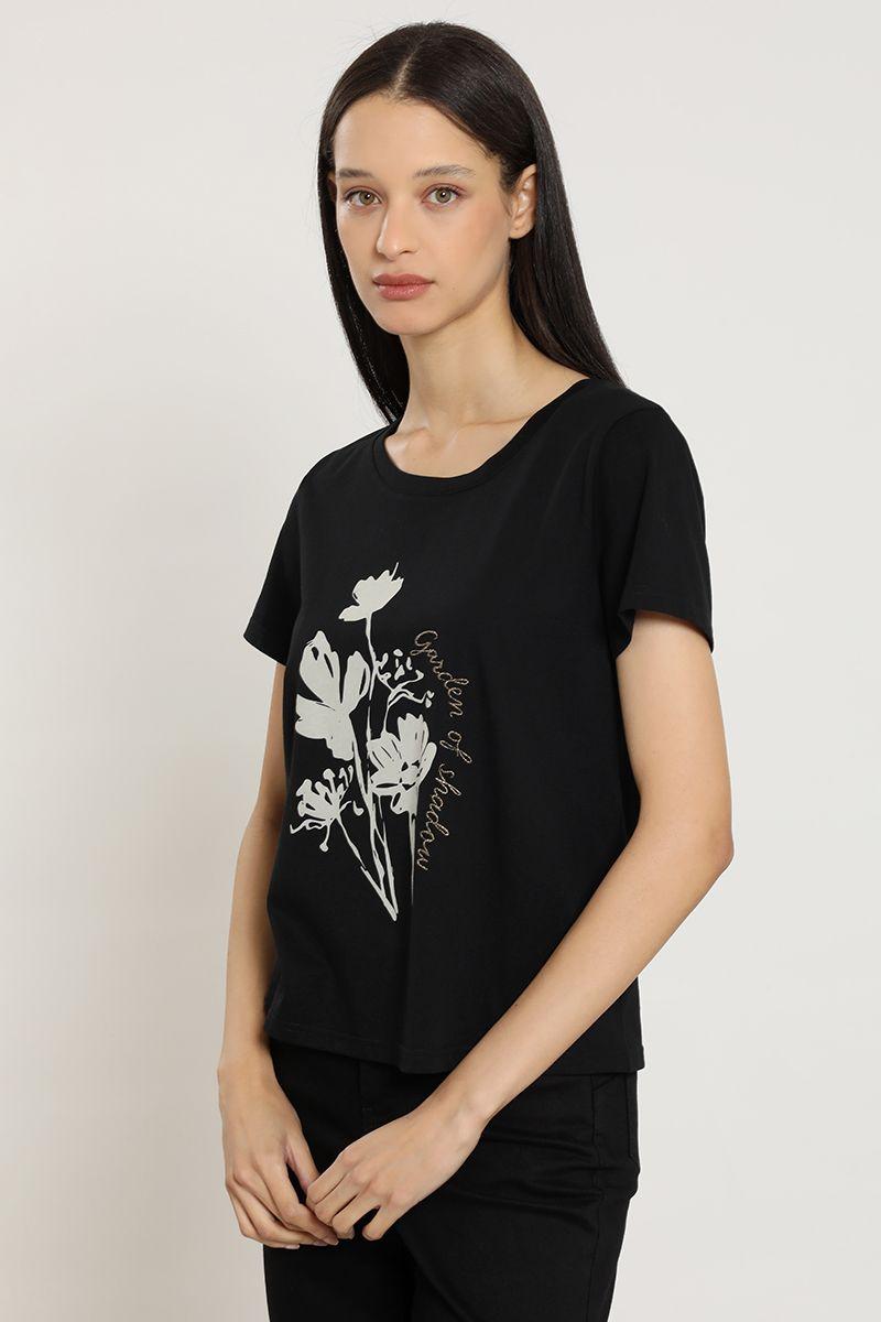 Polera estampado flores, bordado, negro Liola-5