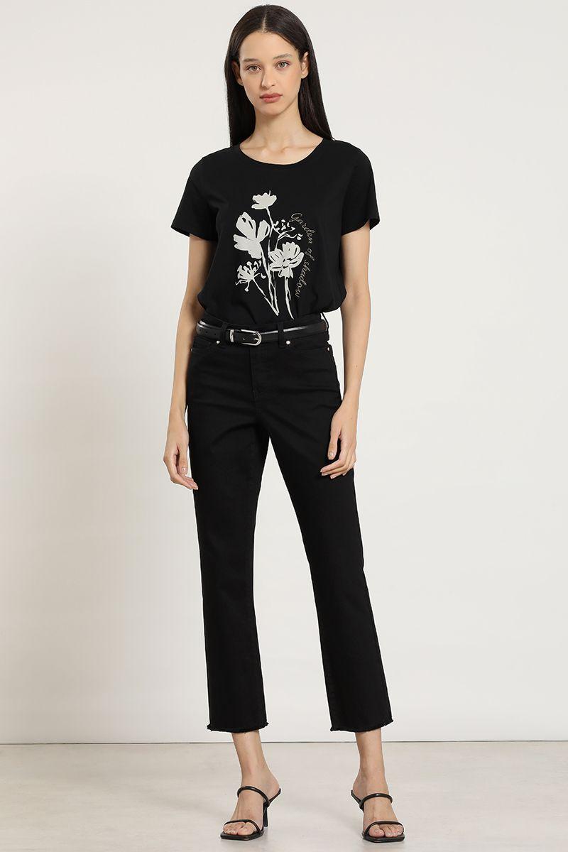 Polera estampado flores, bordado, negro Liola-6