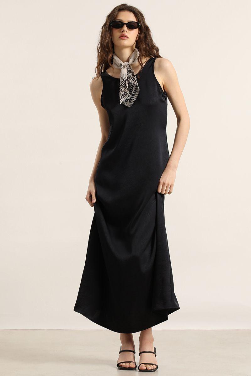 Vestido maxi satinado, azul marino Liola-4