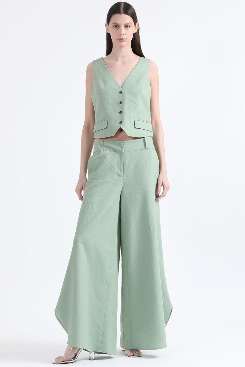 Pantalon Palazzo, Tiro Alto, Lino Algodón, Verde Liola-0