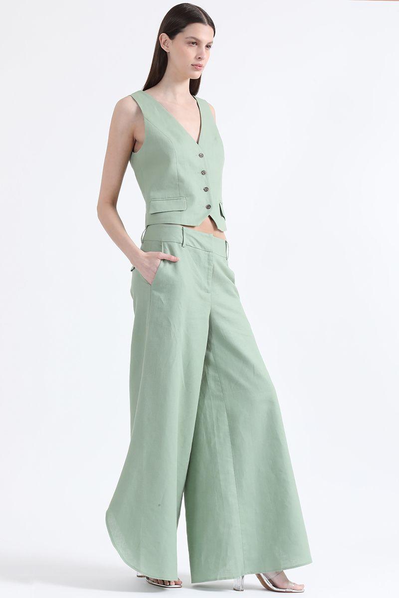 Pantalon Palazzo, Tiro Alto, Lino Algodón, Verde Liola-1