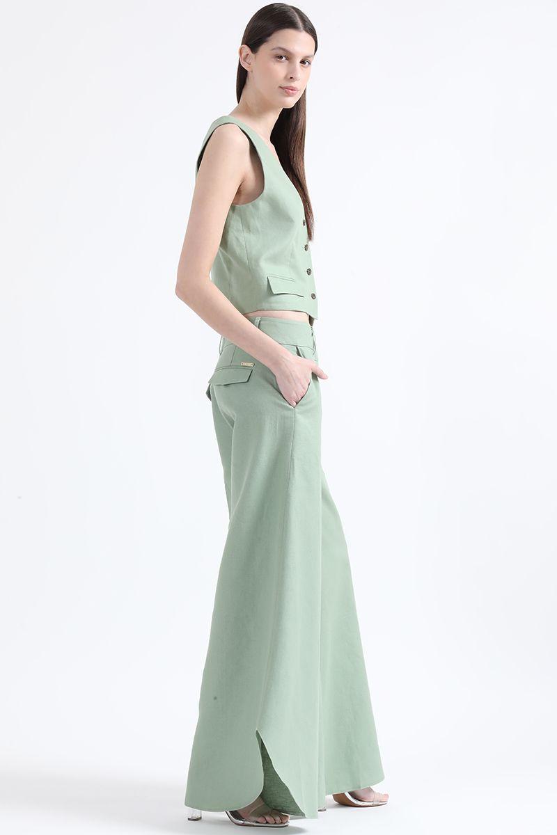 Pantalon Palazzo, Tiro Alto, Lino Algodón, Verde Liola-2