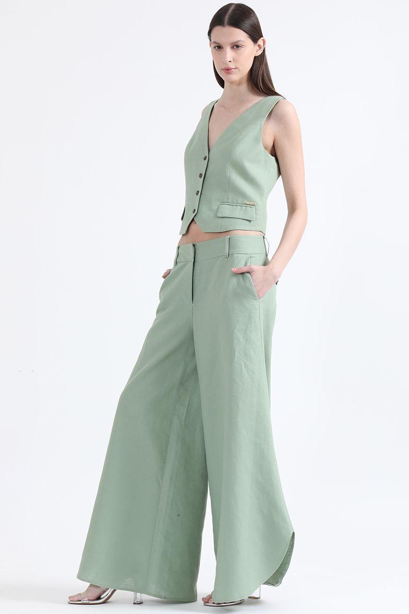 Pantalon Palazzo, Tiro Alto, Lino Algodón, Verde Liola-3
