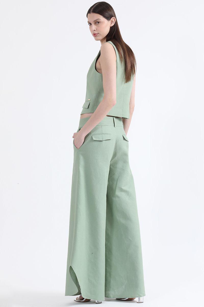 Pantalon Palazzo, Tiro Alto, Lino Algodón, Verde Liola-4