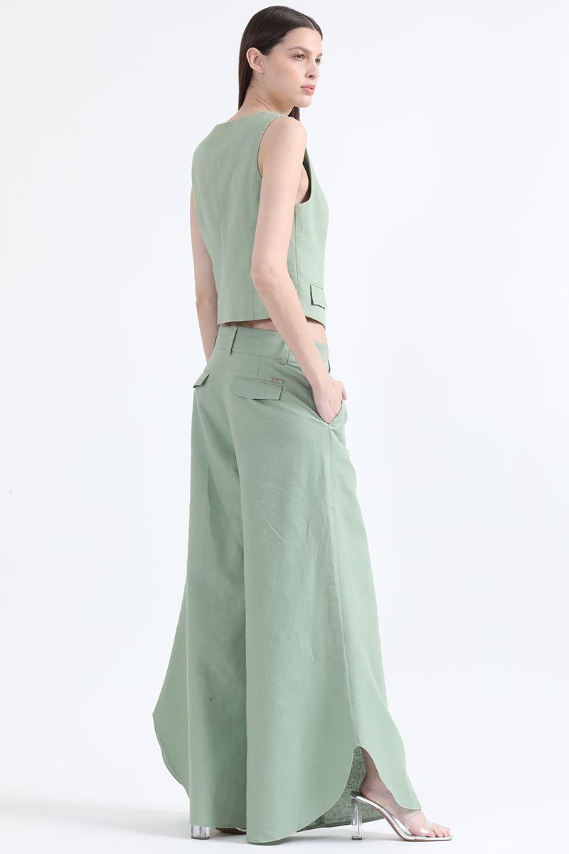 Pantalon Palazzo, Tiro Alto, Lino Algodón, Verde Liola-5
