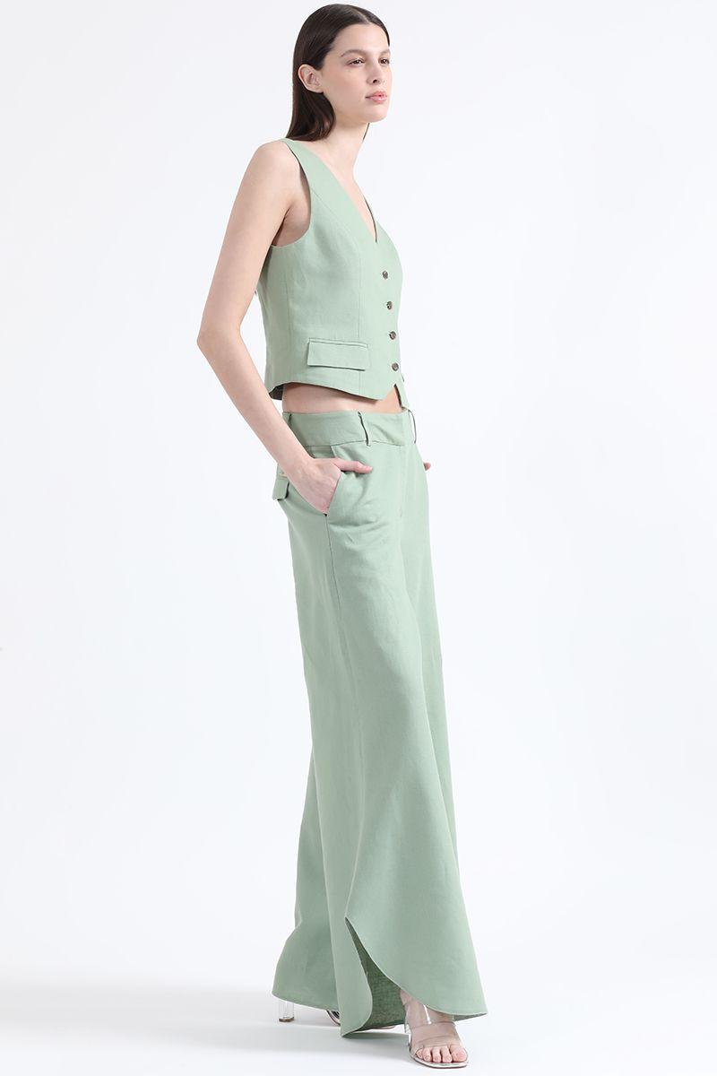 Pantalon Palazzo, Tiro Alto, Lino Algodón, Verde Liola-6