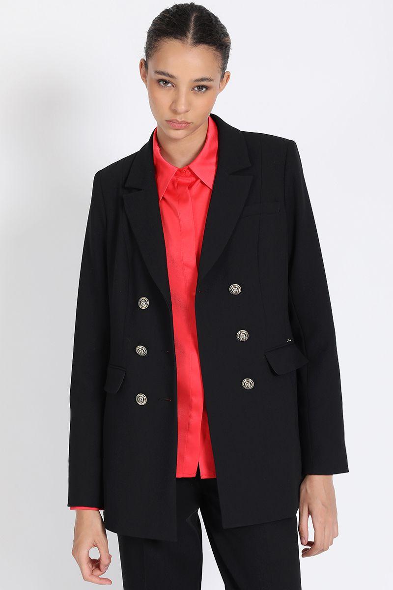 Blazer Largo Con Entalle, Cruzado, Negro Liola-1