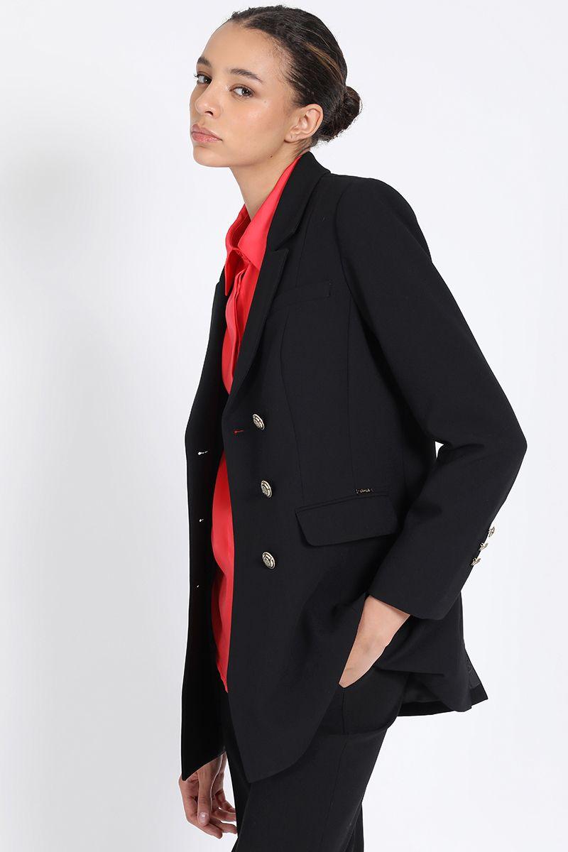 Blazer Largo Con Entalle, Cruzado, Negro Liola-2
