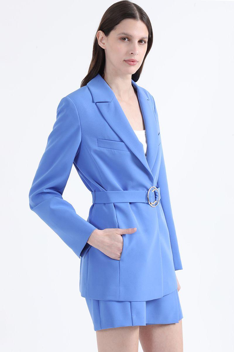 Blazer Largo Entallado Con Cinturon, Azul Liola-2