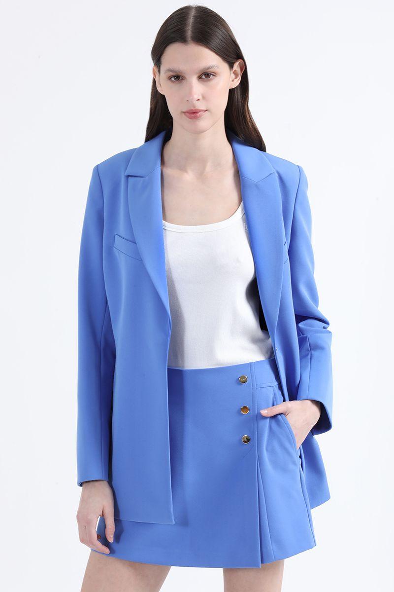Blazer Largo Entallado Con Cinturon, Azul Liola-3