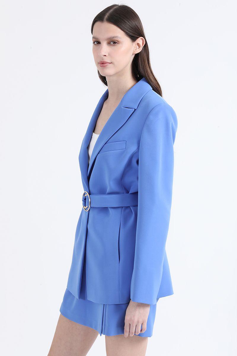 Blazer Largo Entallado Con Cinturon, Azul Liola-5